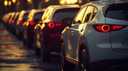 Fototapeta premium Stylish Modern Cars in a Row during Sunset Glow - Automotive Scene