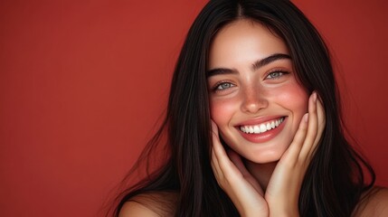 Naklejka premium Smiling Young Woman with Long Hair, Natural Beauty Portrait on Red Background