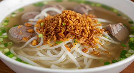 Delightful pho noodle soup topped with crunchy fried shallots presentation