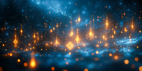 Fototapeta premium Mystical landscape with glowing runes illuminating a quiet cosmic expanse at dusk