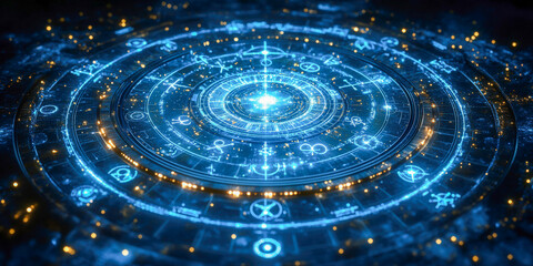 Mystical geometric illustration depicting celestial symbols with glowing effects in a dark starry background