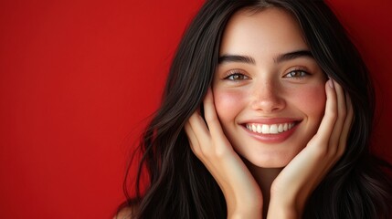 Naklejka premium Joyful Young Woman with Natural Beauty Smiling in Front of Red Background