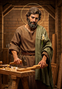 Saint Joseph as a carpenter, in a carpentry workshop working with instruments
