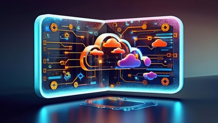 Fototapeta premium Glowing Cloud Icon Technology Concept Featuring Exploded Panel With Cloud Services And Data Protection.