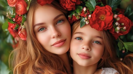 Fototapeta premium A woman and a young girl are wearing flower crowns and smiling for the camera