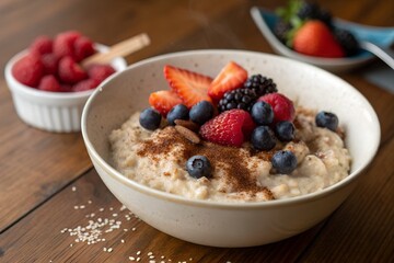oatmeal with berries on white bowl