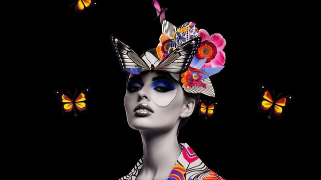 Vibrant surreal fashion portrait animated overlay, transparent 4K video, alpha channel, ProRes 4444 - Powered by Adobe