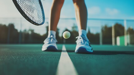 Dynamic perspective of a tennis player on a court preparing to serve a ball, capturing the focus and energy of the moment with clear skies in the background