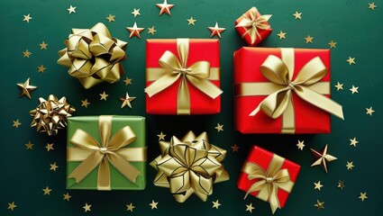 Illustration Of Red And Green Gift Boxes With Golden Bows And Ribbons On Green Background Near Stars.