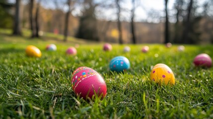 Fototapeta premium Colorful Easter Eggs Hidden in Meadow on Spring Day