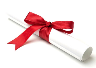 Graduation diploma scroll with red ribbon for certificate or degree award celebration design
