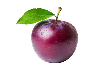 flawless fresh ripe plum apple with its green leaf no water drops on white background isolated photography