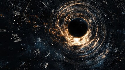 dark sky with a massive black hole and floating sacred geometry numbers.
