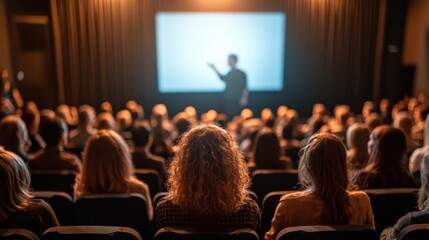 Audience at a Conference Listening to a Presentation in a Darkened Theater