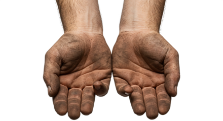 Manos de hombre sucias aisladas sobre fondo transparente. Las manos muestran texturas y detalles realistas, ideales para proyectos de diseño gráfico o ilustraciones relacionadas con trabajos manuales 