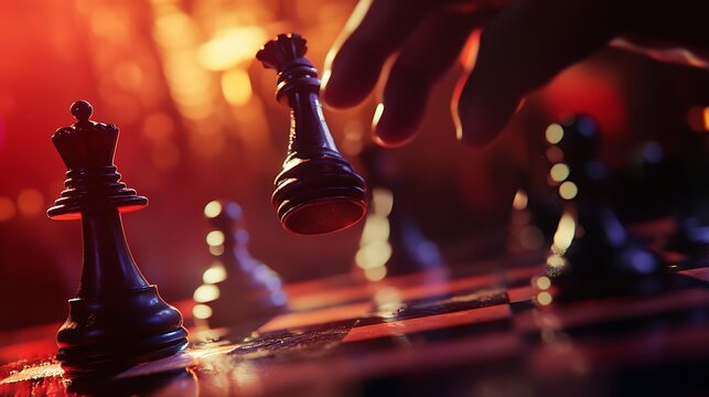 A hand gracefully moves a black chess piece across a chessboard, illuminated by soft lighting that creates an intense and contemplative atmosphere in a dramatic low-angle perspective