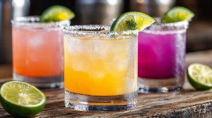 Refreshing summer cocktails Three vibrant margarita variations with lime wedges and salted rims in rocks glasses on rustic wooden table