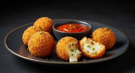 Enjoy Fried Mozzarella Balls with Marinara Sauce Appetizer on Dark Plate