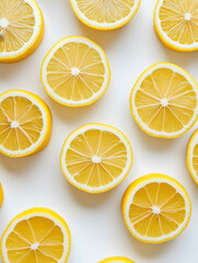 bright and juicy lemon slices laying on a white background photo shot from above