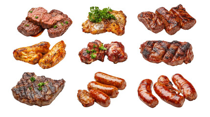 Collection of grilled meats, steak, sausage, and chicken wings,Transparent background, PNG file background,
