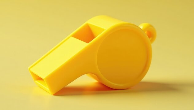 Bright yellow plastic whistle, vibrant color, smooth texture, design element, picture, warning