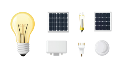 Energy and utility icons, light bulb, solar panel, and plug,Transparent background, PNG file,