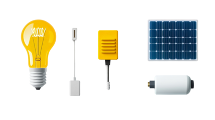 Energy and utility icons, light bulb, solar panel, and plug,Transparent background, PNG file,