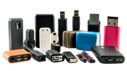 Assorted mobile chargers and adapters,Transparent background, PNG file, compact and practical,