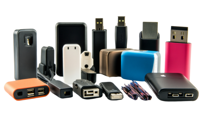 Assorted mobile chargers and adapters,Transparent background, PNG file, compact and practical,