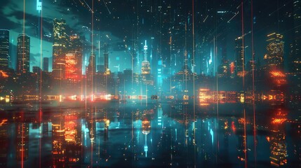 Fototapeta premium A city skyline with a reflection of the city in the water