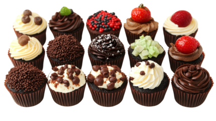 Assortment of cupcakes with various toppings,Transparent background, PNG file, colorful and fun,