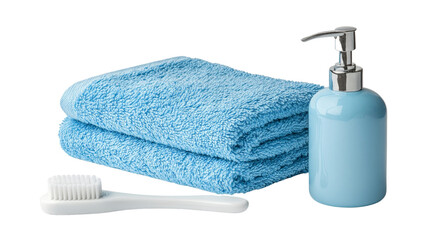 Basic bathroom items, toothbrush, soap, and towel,Transparent background, PNG file, minimalist style,