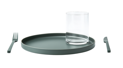 Basic dining essentials, plate, fork, and glass,Transparent background, PNG file background,