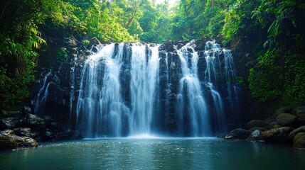 Fototapeta premium Beautiful waterfall with lush green forest as a backdrop.