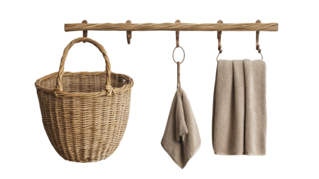 Bathroom storage items, basket, towel rack, and hooks,Transparent background, PNG file,