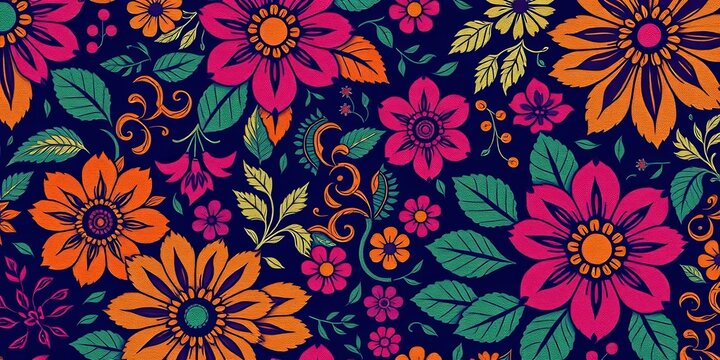 Intricate floral and geometric batik pattern in rich jewel tones, suitable for textile design, yellow, traditional