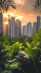 City skyline at dawn with green trees in the foreground