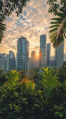 City skyline at dawn with green trees in the foreground