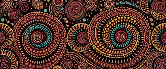 Intricate Hmong spiral pattern, seamless textile design, orange, repeat