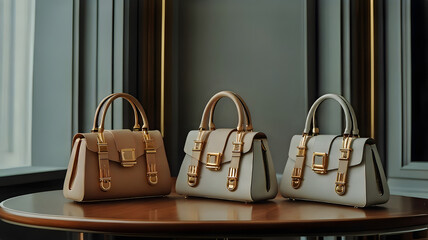 Three handbags in various colors displayed on a table, showcasing their unique designs and styles. GENERATIVE AI