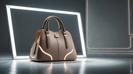 A stylish handbag displayed in front of a glowing lighted frame, highlighting its design and texture. GENERATIVE AI