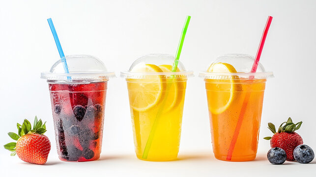 Different types of lemonade in a clear plastic cups with lid and straws. Strawberry blueberry and regular lemonade. Feel of to-go restaurant advertising on a white background