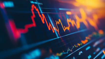 Colorful abstract visualization of financial stock market chart with glowing candlestick patterns and moving averages. Concept of economy, investment, volatility and digital trading analysis.
