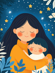 Mother and Child Embrace: A tender depiction of a mother and child sharing a loving embrace under a starry night, evoking feelings of warmth, security, and familial love.