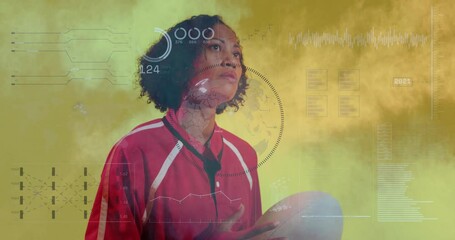 Holding rugby ball, athlete with digital animation overlay on yellow background - Powered by Adobe