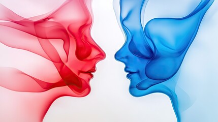 Red and blue faces merge, abstract art, romance, relationship, conceptual