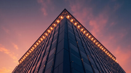 Angular building facade illuminated against a dusky sky, showcasing modern architecture and urban design at twilight.