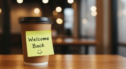 Cozy Welcome back Scene with Coffee Cup and Sticky Note