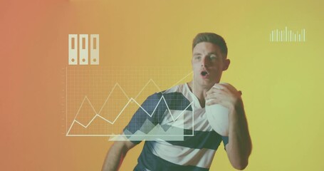 Rugby player holding ball with data charts and graphs overlay animation - Powered by Adobe
