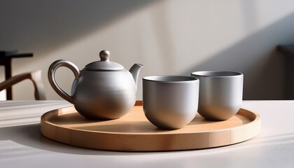 A tranquil tea set with a teapot and two cups rests on a circular wooden tray, casting shadows in a serene, well-lit space.